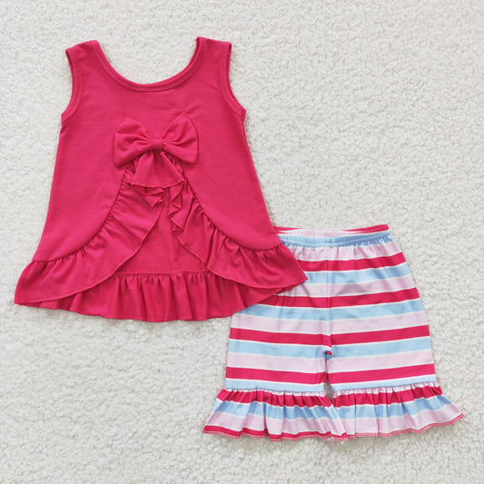 Girls hot pink cotton top stripes shorts summer outfits GSSO0209