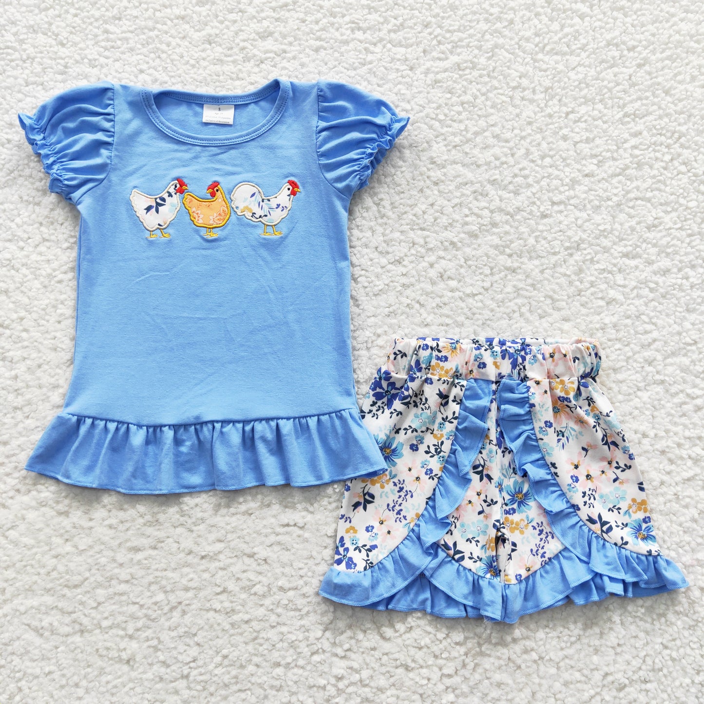 Girls blue floral chicken print summer outfits GSSO0211