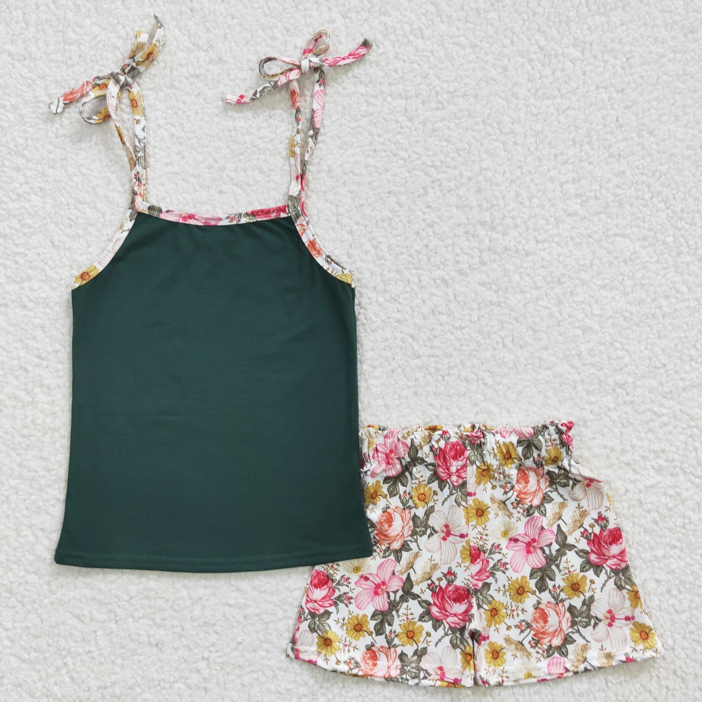 Girls green floral straps top summer shorts clothes set GSSO0217