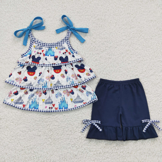 Girls cartoon castle straps top summer shorts clothes set GSSO0218