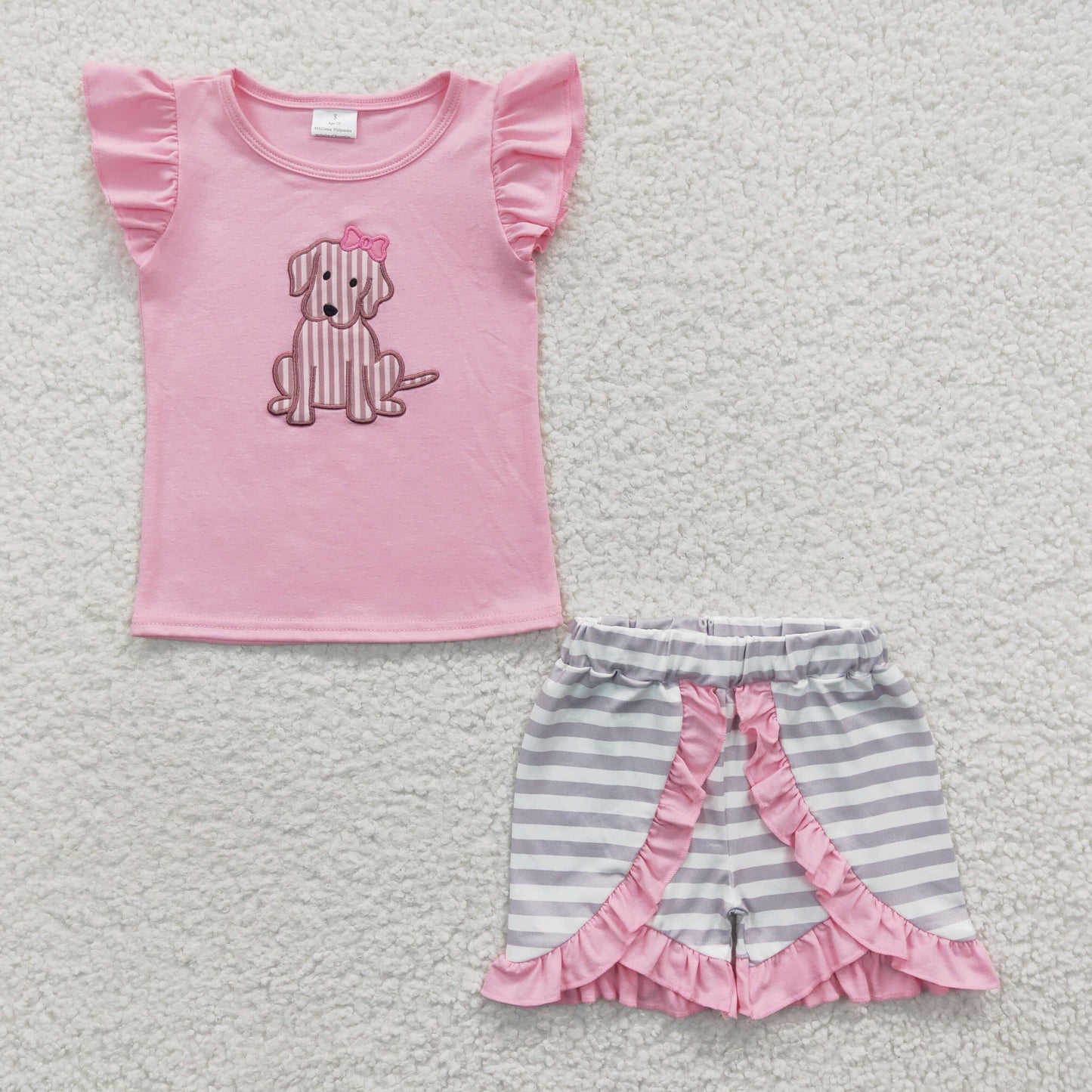 Girls pink dog print summer shorts outfits GSSO0223