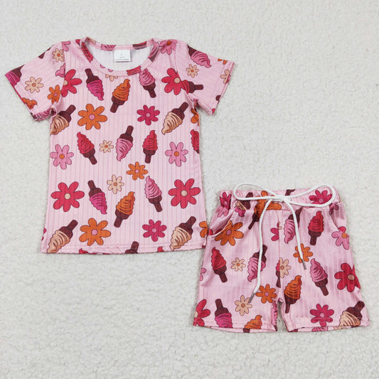Girls pink floral print summer shorts outfits GSSO0230