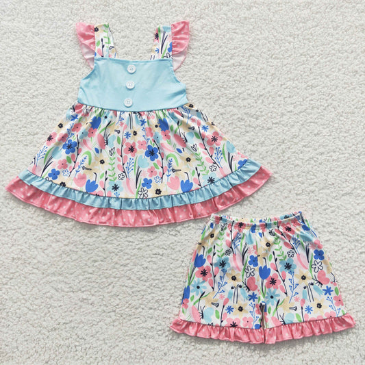 GSSO0243 Flowers print ruffles girls summer clothes set