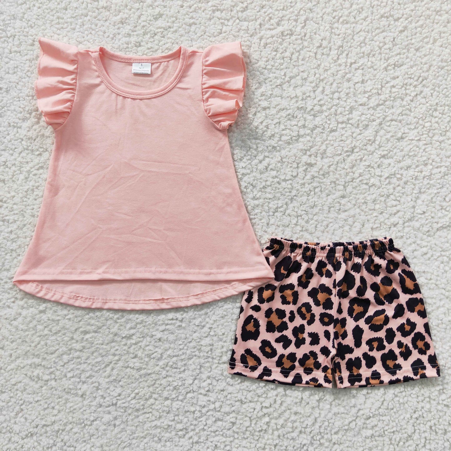 Girls pink cotton top leopard print shorts summer outfits  GSSO0246