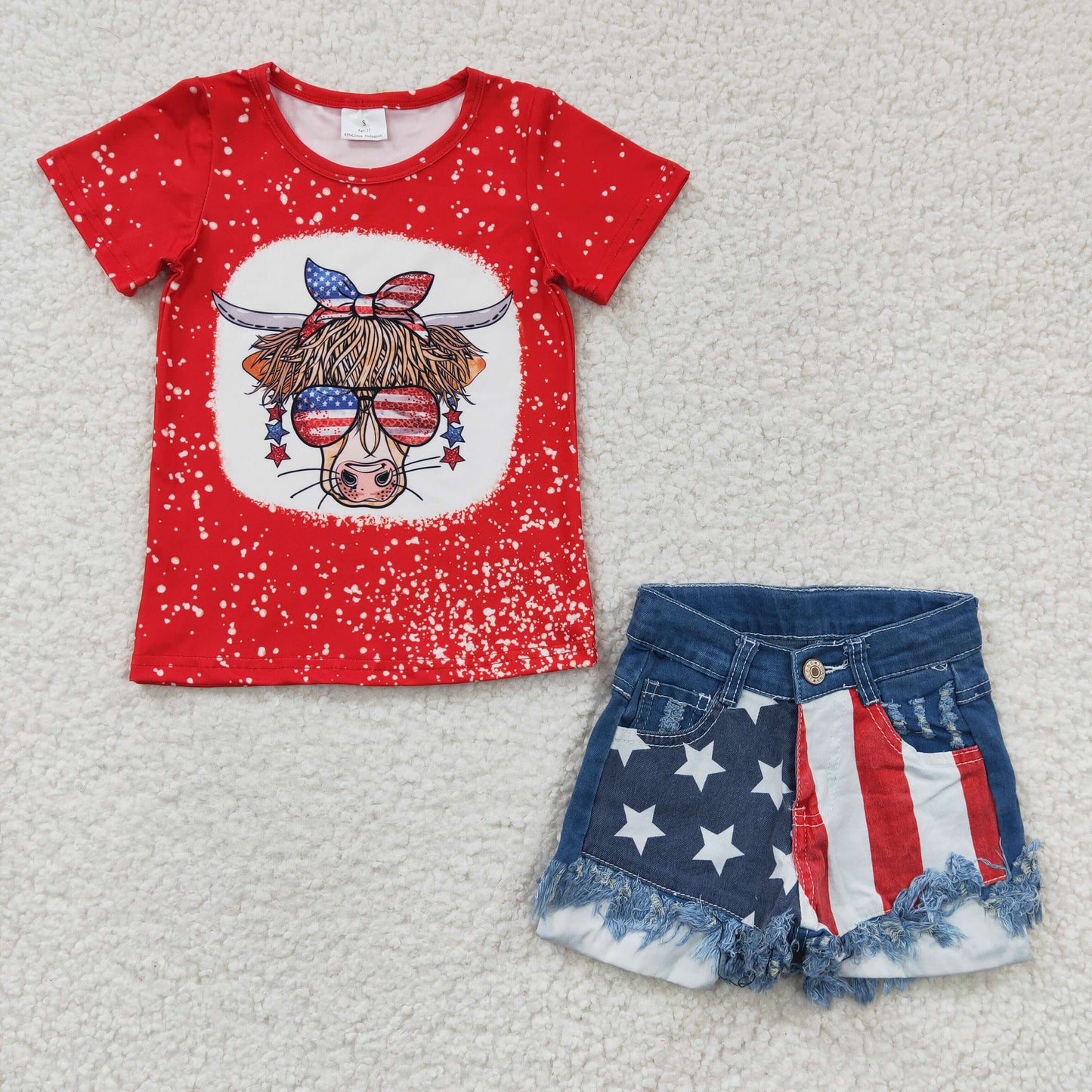 Girls cow print 4th of July top denim star shorts outfits GSSO0248