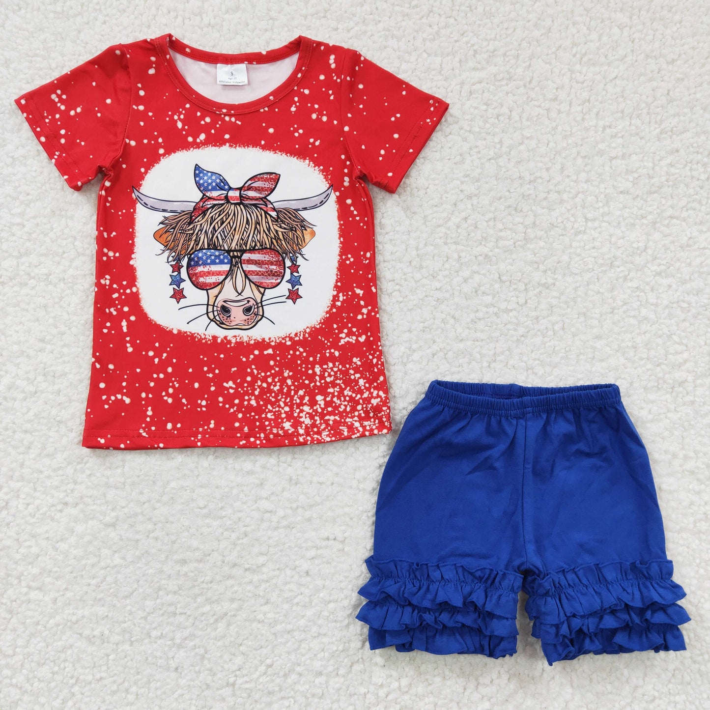 Girls cow print 4th of July top blue cotton shorts outfits GSSO0250