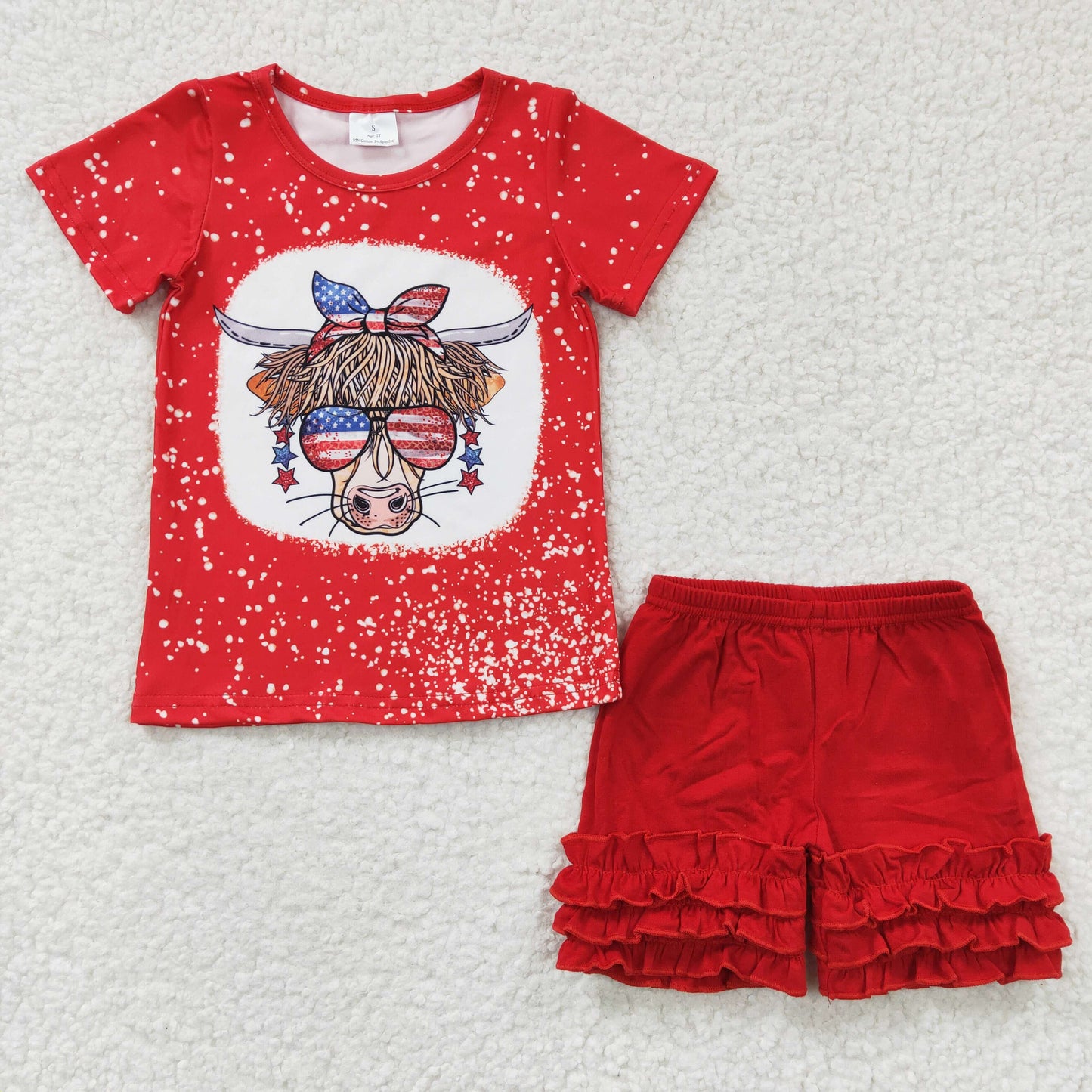 Girls cow print 4th of July top red cotton shorts outfits GSSO0251