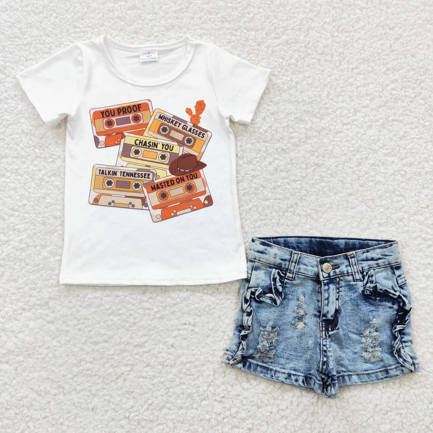 Girls tape print top denim blue shorts outfits GSSO0253