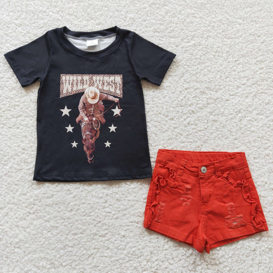 Girls wild west rodeo print top denim red shorts outfits GSSO0254
