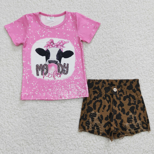 Girls pink moody heifer print top denim leopard shorts outfits GSSO0255