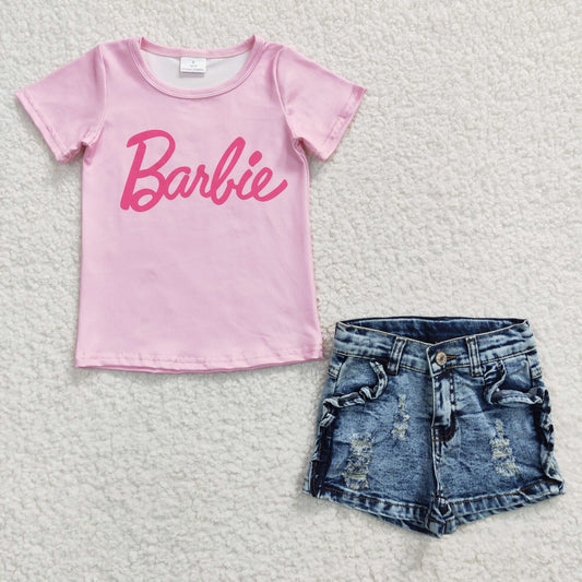 Girls pink top denim blue shorts outfits GSSO0256