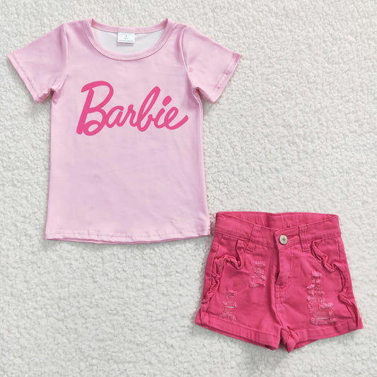 Girls pink top denim pink shorts outfits GSSO0257