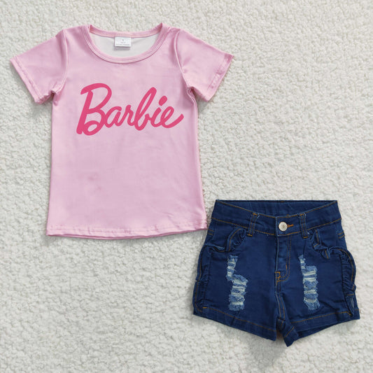 Girls pink top denim blue shorts outfits GSSO0258