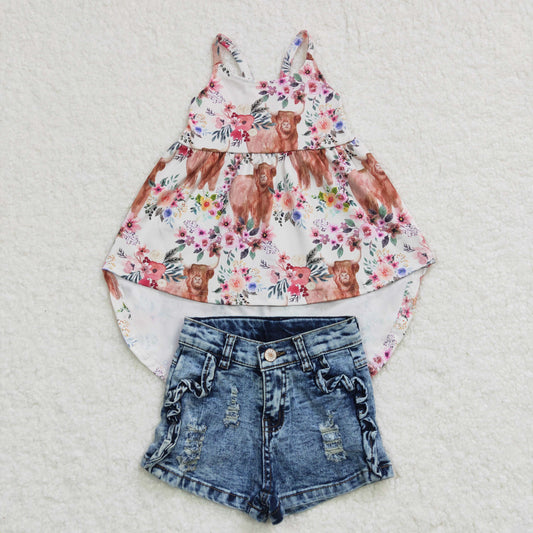 Girls highland cow floral high low spaghetti strap top blue denim ruffles shorts outfits GSSO0261