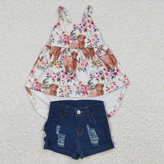 Girls highland cow floral high low spaghetti strap top navy denim ruffles shorts outfits GSSO0263