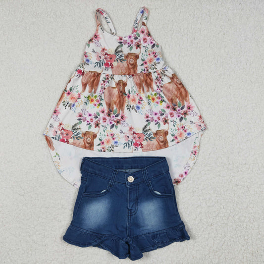 Girls highland cow floral high low spaghetti strap top washed navy denim ruffle shorts outfits GSSO0264