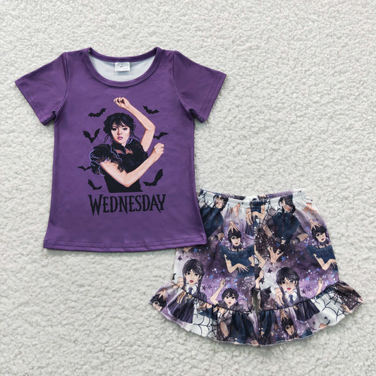 GSSO0271 Girls purple top Wednesday print shorts outfits