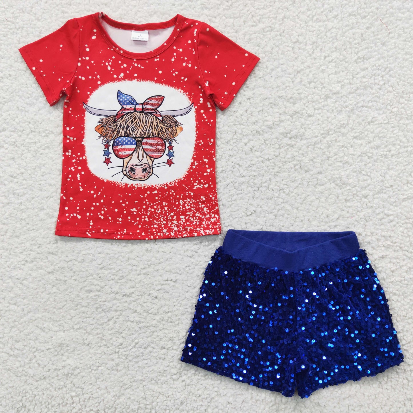 Girls cow print 4th of July top sequined blue sparking shorts outfits GSSO0282