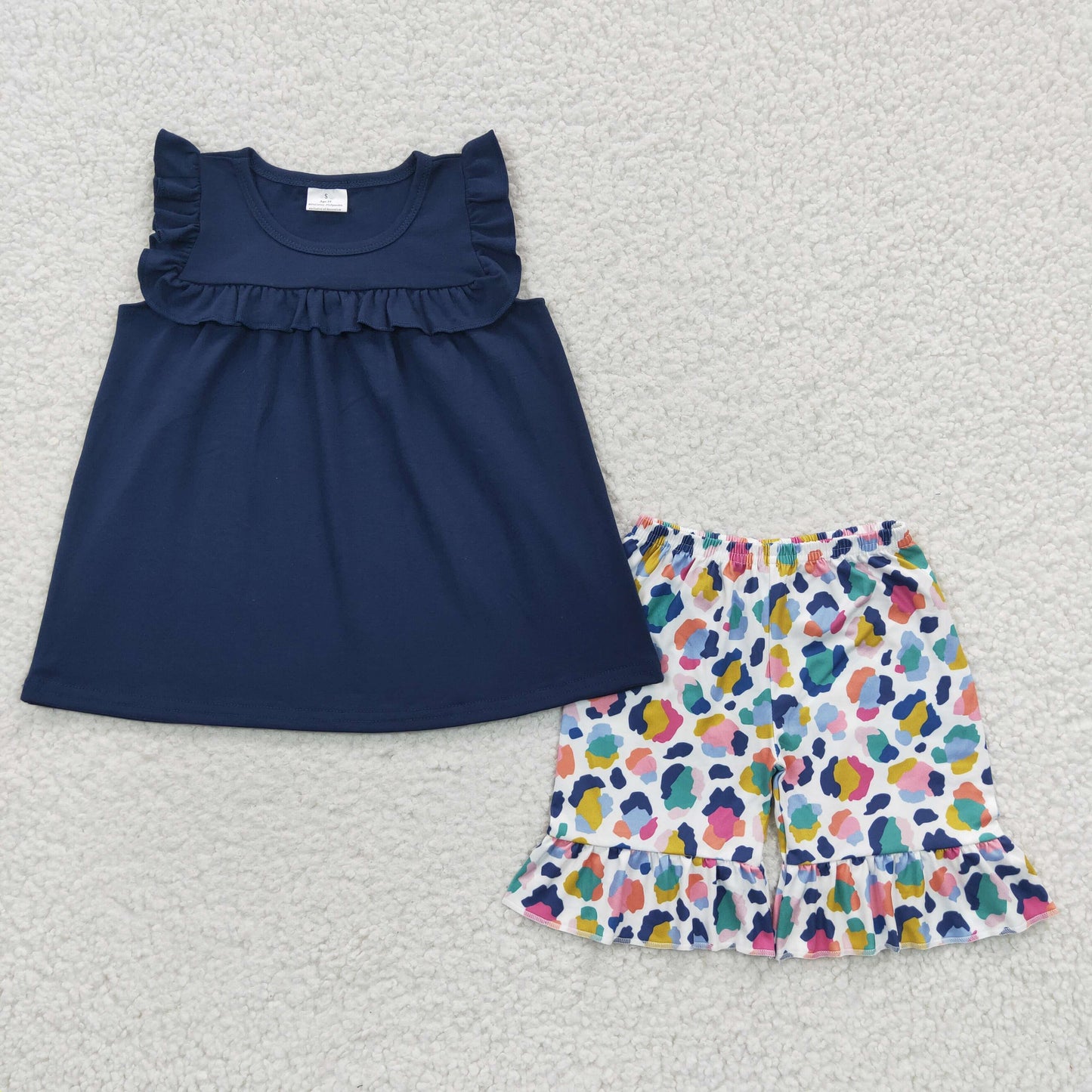 GSSO0298 Girls navy cotton top leopard shorts summer outfits