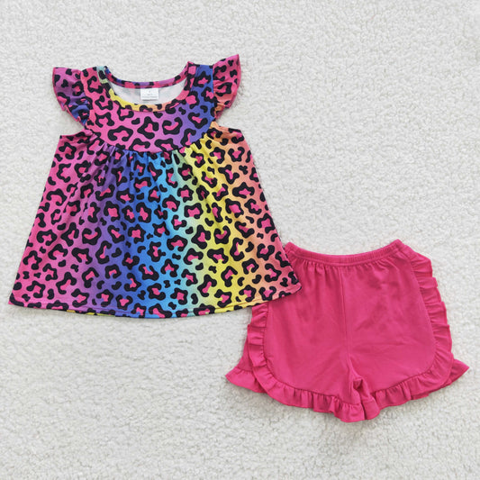 Girls colorful leopard top hot pink shorts summer outfits GSSO0299