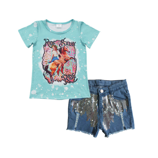 Girls RIDE SALLY RIDE top blue sequin denim summer shorts western outfits GSSO0303