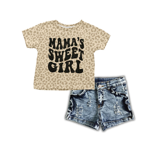 GSSO0333 Mama's sweet girl print leopard top denim shorts summer kids clothes set