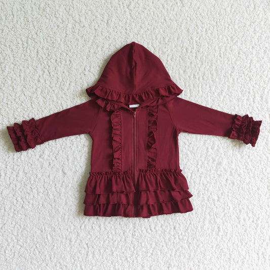 Girls hooded ruffles jackets wine         GT0014