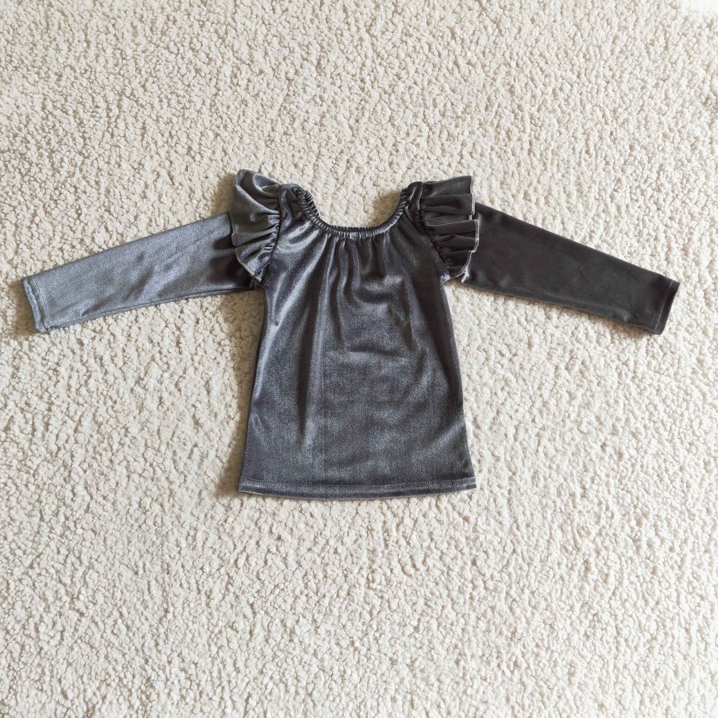 Girls long sleeve grey velvet top denim pants outfit   GLP0337