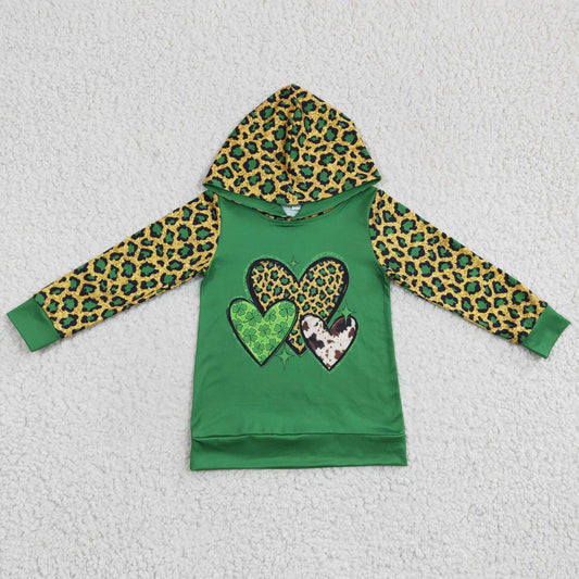 Girls long sleeve heart print leopard St. Patrick's Day hooded top  GT0074