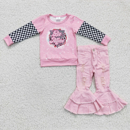 Girls pink be mine print top pink denim pants outfits  GLPO410