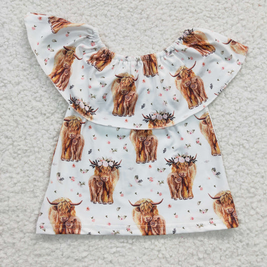 Girls highland cow flowers print top   GT0147