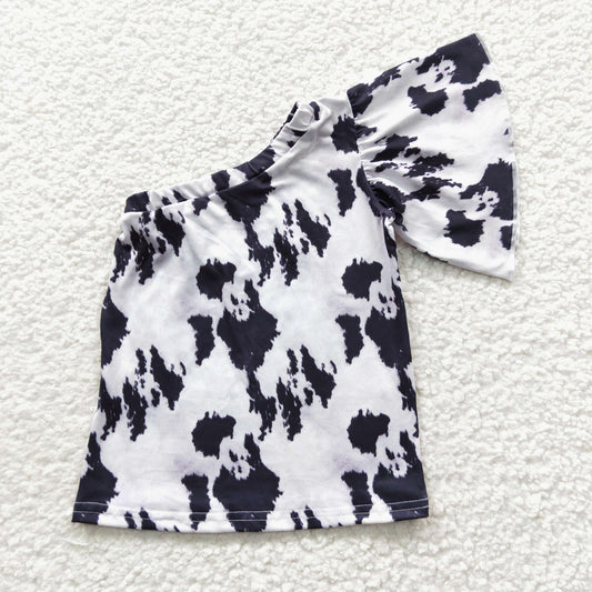 Girls one-shoulder black cow print top GT0168