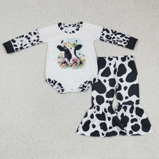 Girls cow print romper top and bell bottom pants outfits  GLP0407