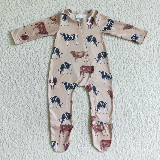 Baby cow print FOOTED fall zipper romper      LR0073