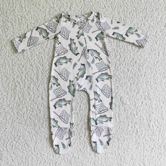 Baby fishing print fall FOOTED romper      LR0100