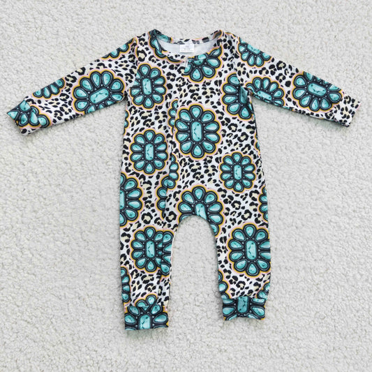 Baby long sleeve turquoise leopard zipper romper   LR0254
