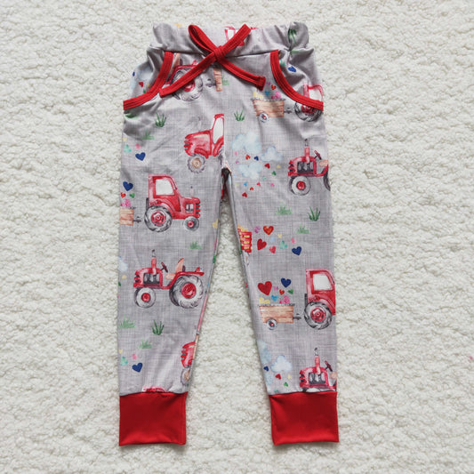 Kids heart tractor print Valentine's Day pants  P0036