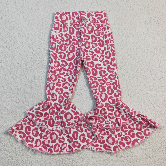 Pink leopard print denim bell bottom jeans  P0044