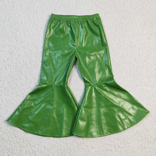 Girls green leather ruffle bell pants    P0051