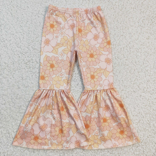 Girls orange flowers print bell pants   P0054