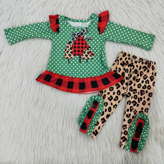 (Promotion) 6 B8-17 Green Dots Christmas Tree Leopard Prints Girls Clothes Sets