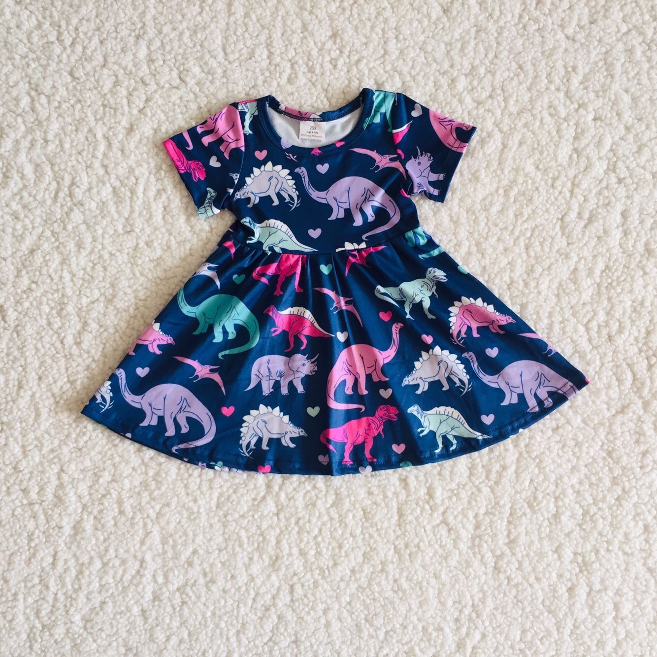 (Promotion)A0-12 Girls short sleeve dinosaur heart print dress