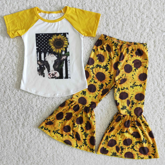 (Promotion) Girls cow sunflowers print bell pants outfits   B12-24