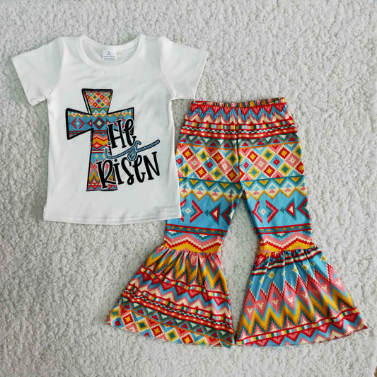 He is risen cross short sleeve top aztec bell bottom pants Easter outfits   B11-15