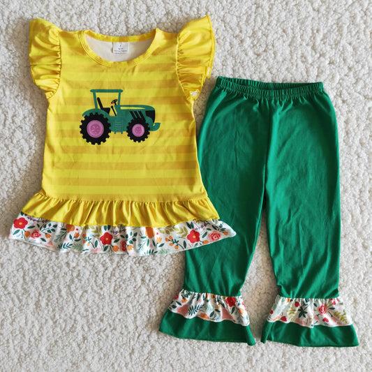 (Promotion)Flutter sleeve Tractors print ruffle pants outfits   B9-16