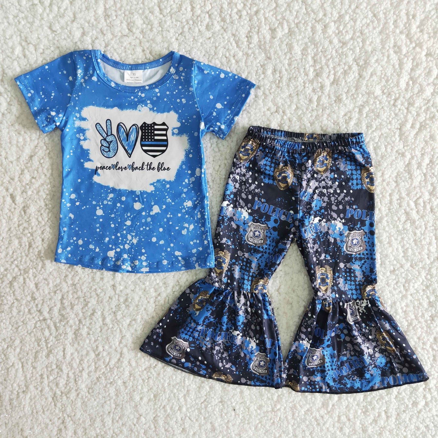 (Promotion) Short sleeve peace love blue print bell bottom pants outfits   B8-2