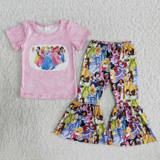 (Promotion)Girls pink princess print bell bottom pants outfit  B7-22