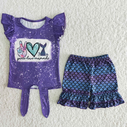 (Promotion)Peace love mermaid purple print shorts summer outfits  	 	B6-11