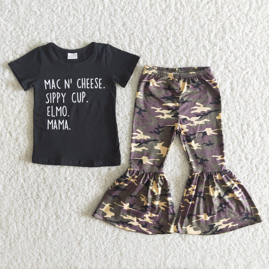 (Promotion) Girls MAMA design short sleeve top camo print bell bottom pants outfits B4-4