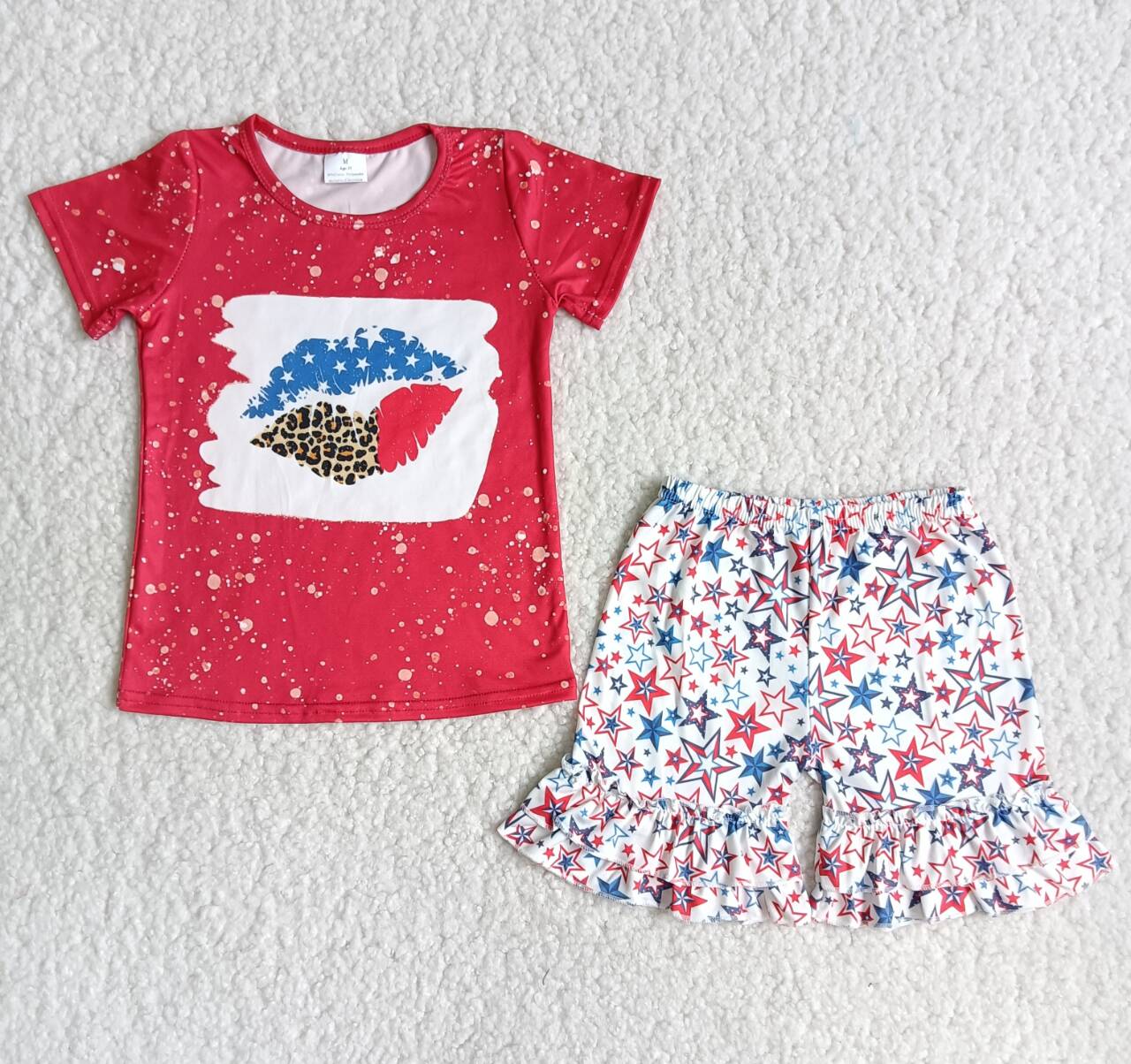 (Promotion)Lip screen print shirt star shorts baby girls 4th of july clothing set